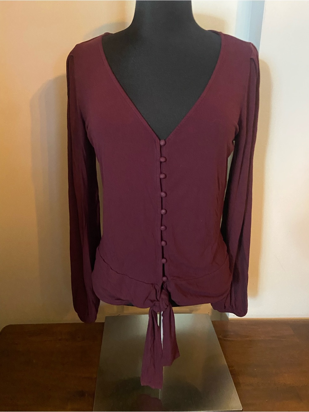 VENUS Plum Long-Sleeve Button-Front Tie Hem Top